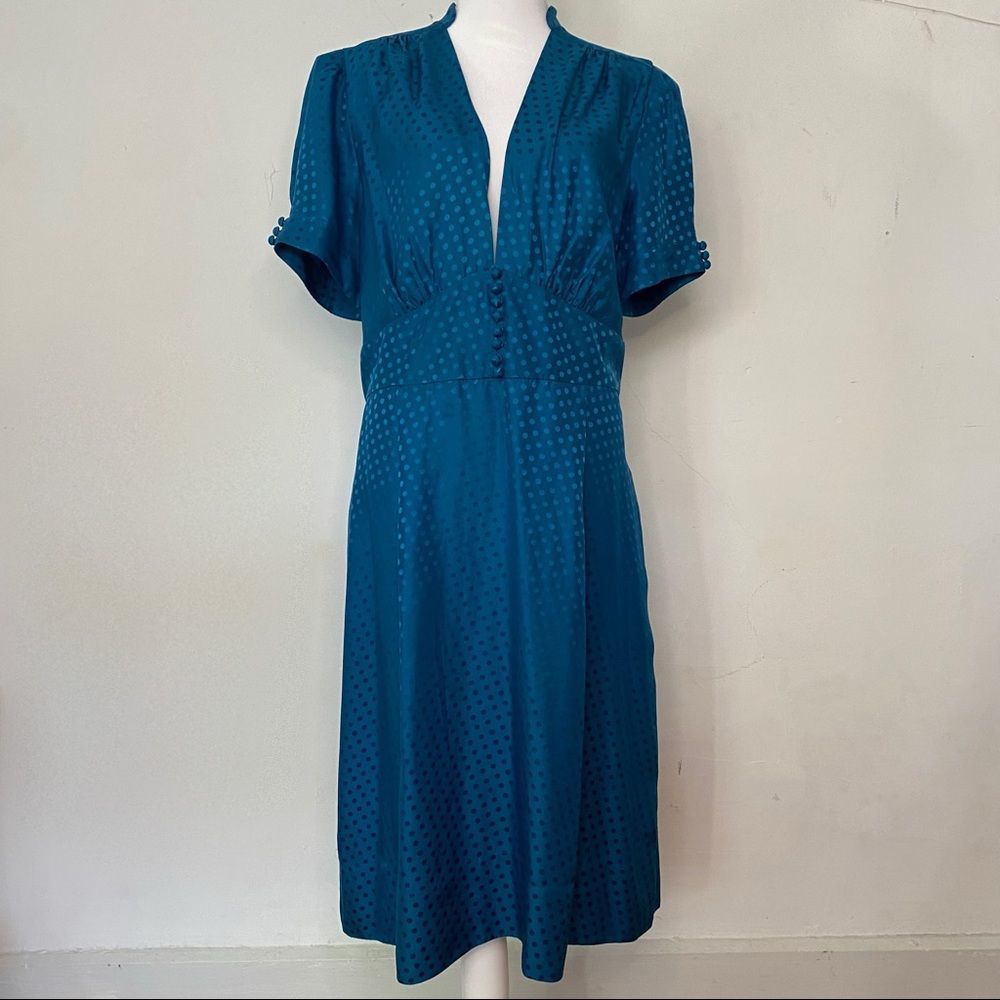 Banana Republic 100% Silk Teal Polka Dot V-neck dress size 16 Tall Fit NWT